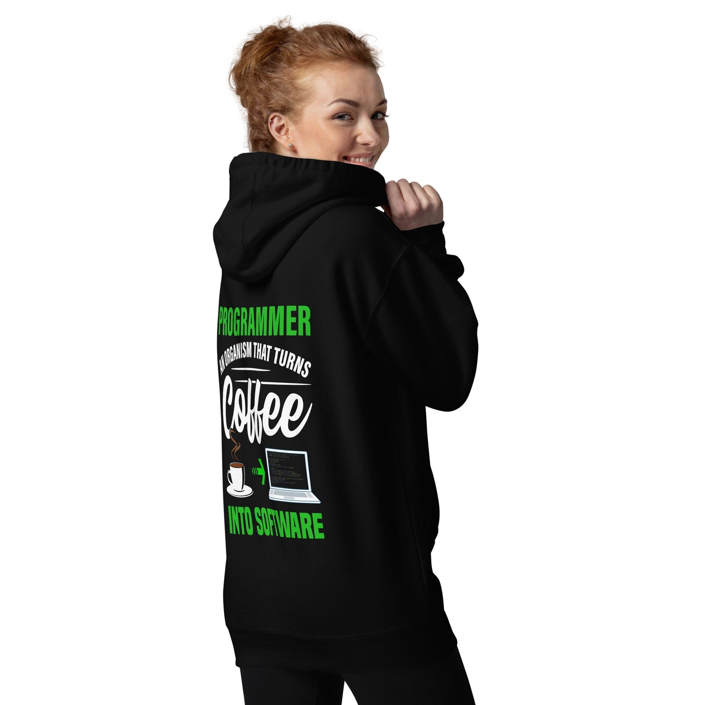 Programmer is an Organism that turns Coffee into Code ( Green Text ) - Unisex Hoodie by DarkByteGear