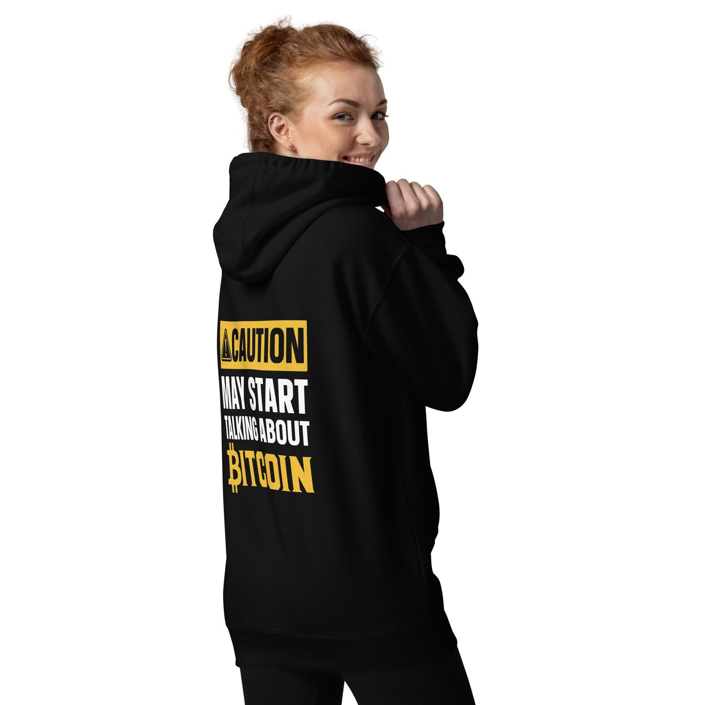 Caution! May start talking about Bitcoin Unisex Hoodie ( Back Print ) by DarkByteGear