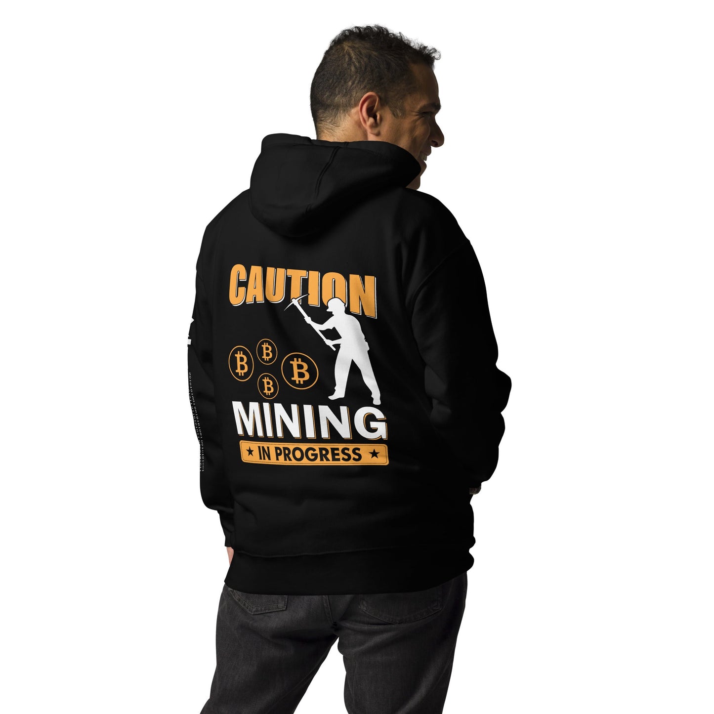 Caution Bitcoin Mining in Progress - Unisex Hoodie ( Back Print ) by DarkByteGear