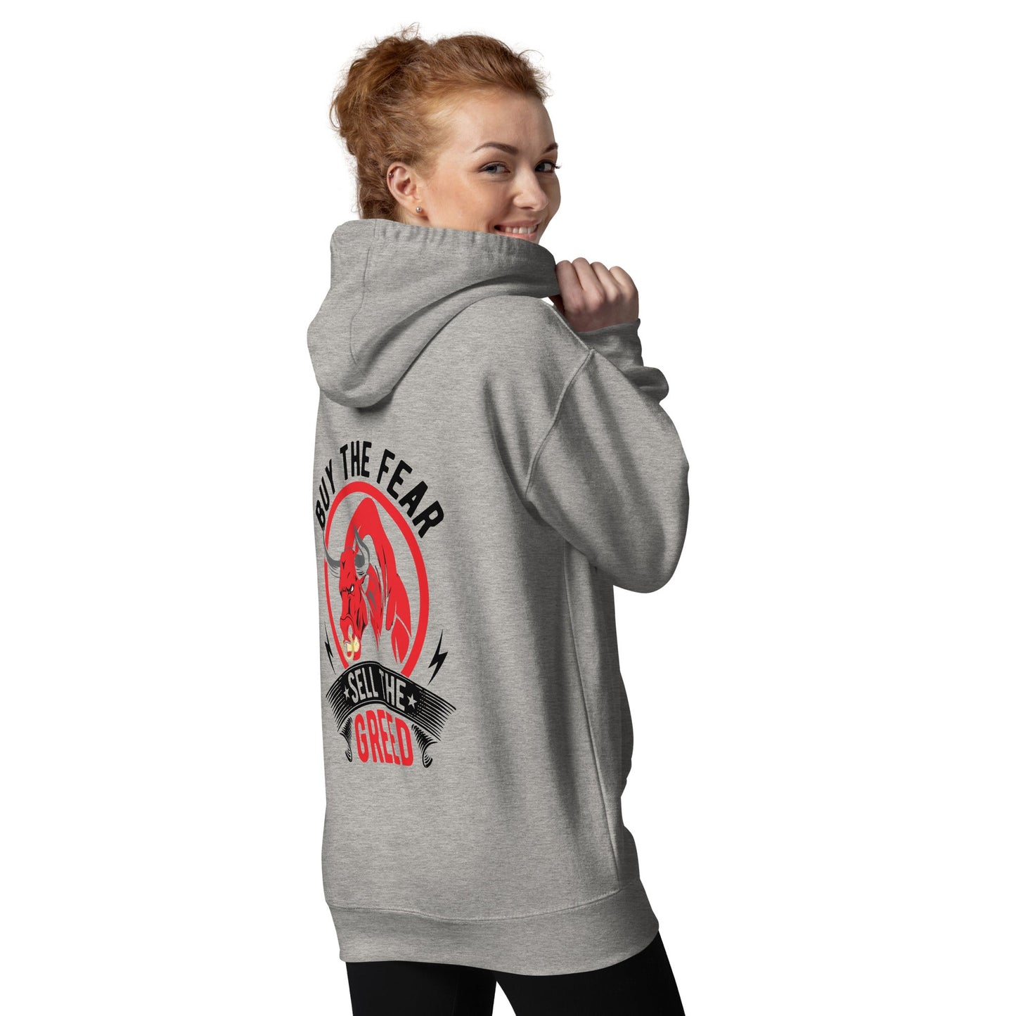 Buy the Fear; Sell the Greed in Dark Text - Unisex Hoodie ( Back Print ) by DarkByteGear