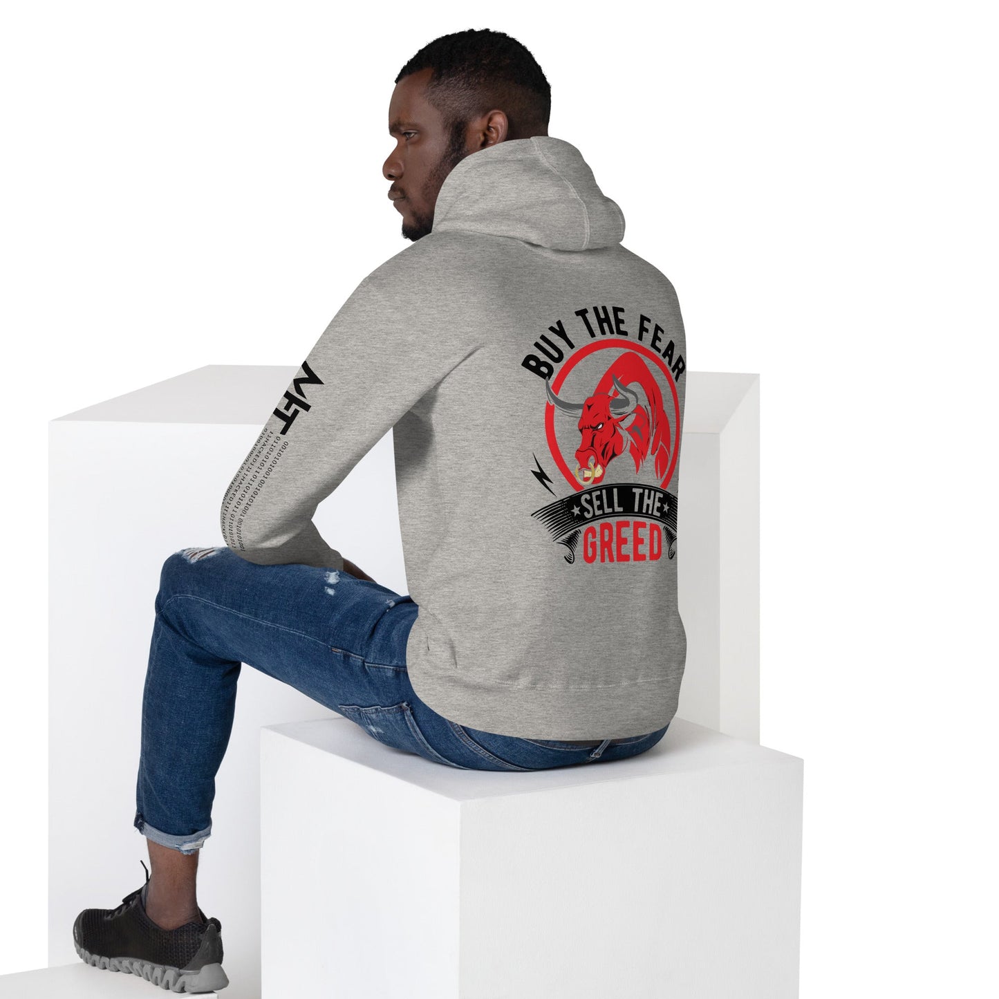 Buy the Fear; Sell the Greed in Dark Text - Unisex Hoodie ( Back Print ) by DarkByteGear