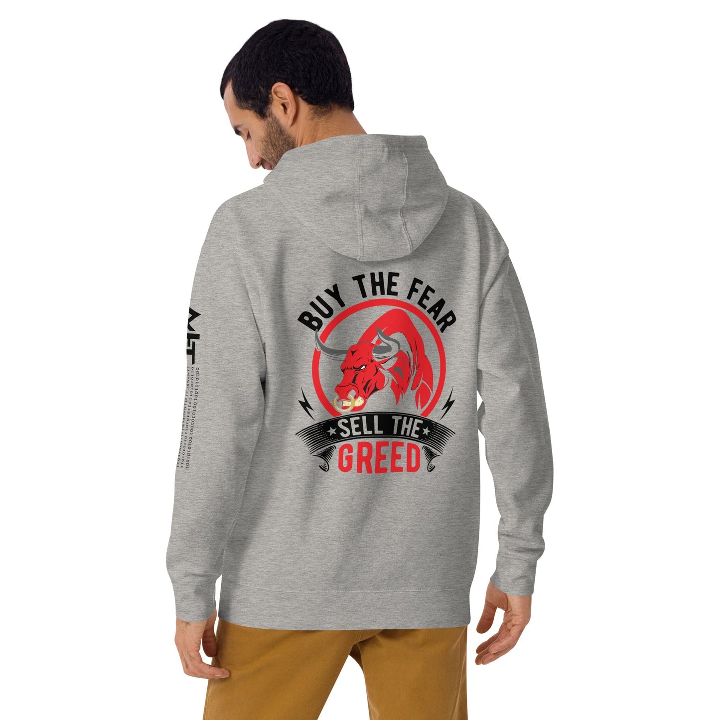Buy the Fear; Sell the Greed in Dark Text - Unisex Hoodie ( Back Print ) by DarkByteGear