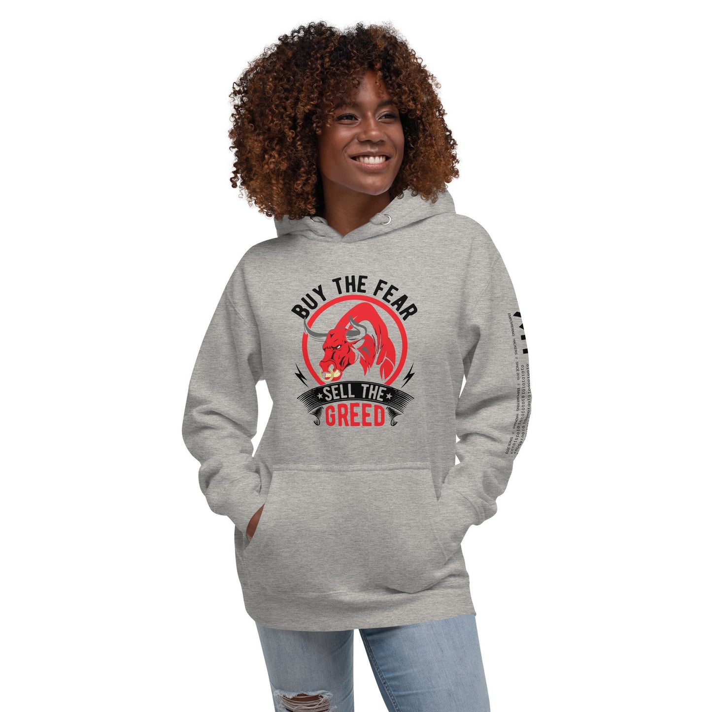 Buy the Fear; Sell the Greed in Dark Text - Unisex Hoodie by DarkByteGear