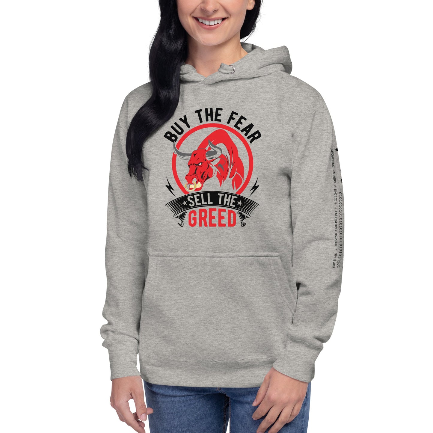 Buy the Fear; Sell the Greed in Dark Text - Unisex Hoodie by DarkByteGear
