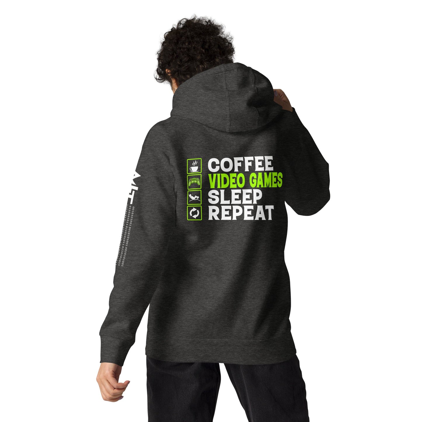 Coffee, Video Games, Sleep, Repeat Unisex Hoodie ( Back Print ) by DarkByteGear