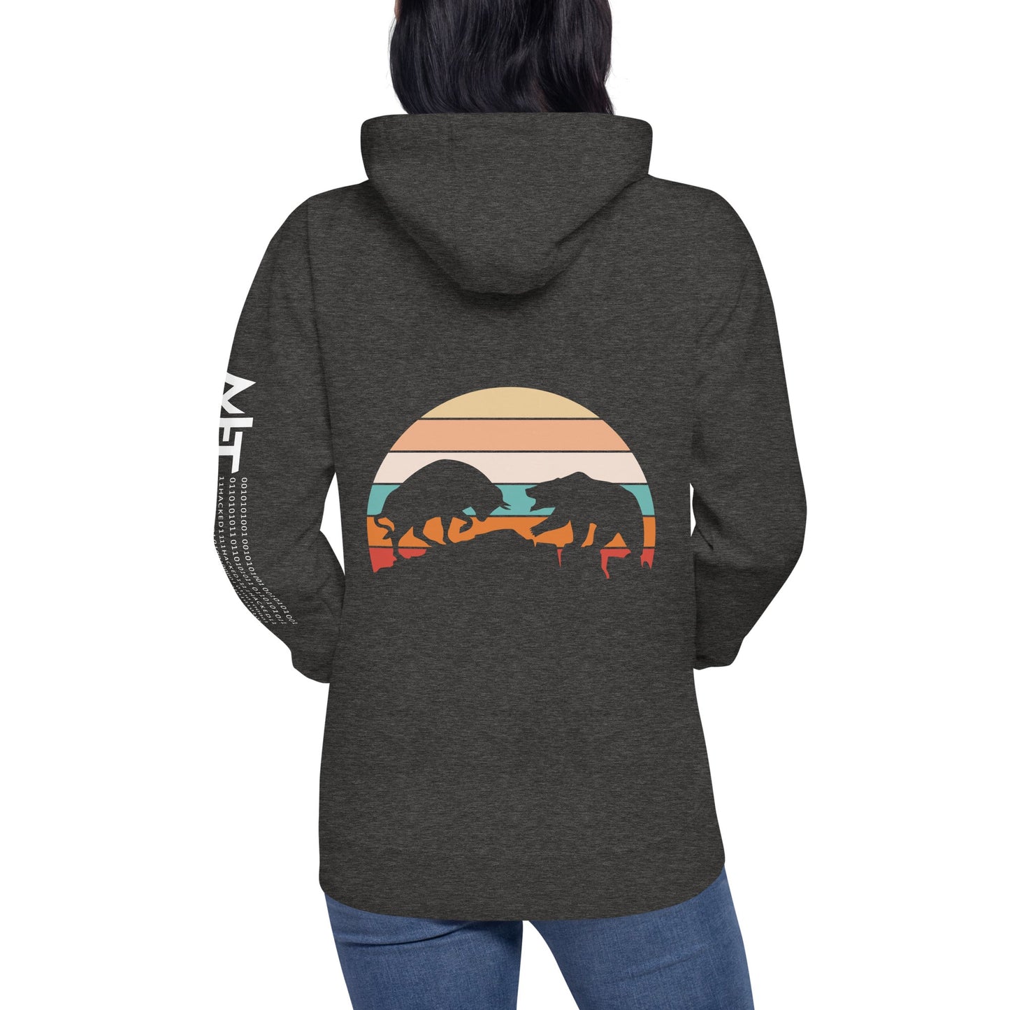 Bull Bear Fight in Sunset - Unisex Hoodie ( Back Print ) by DarkByteGear