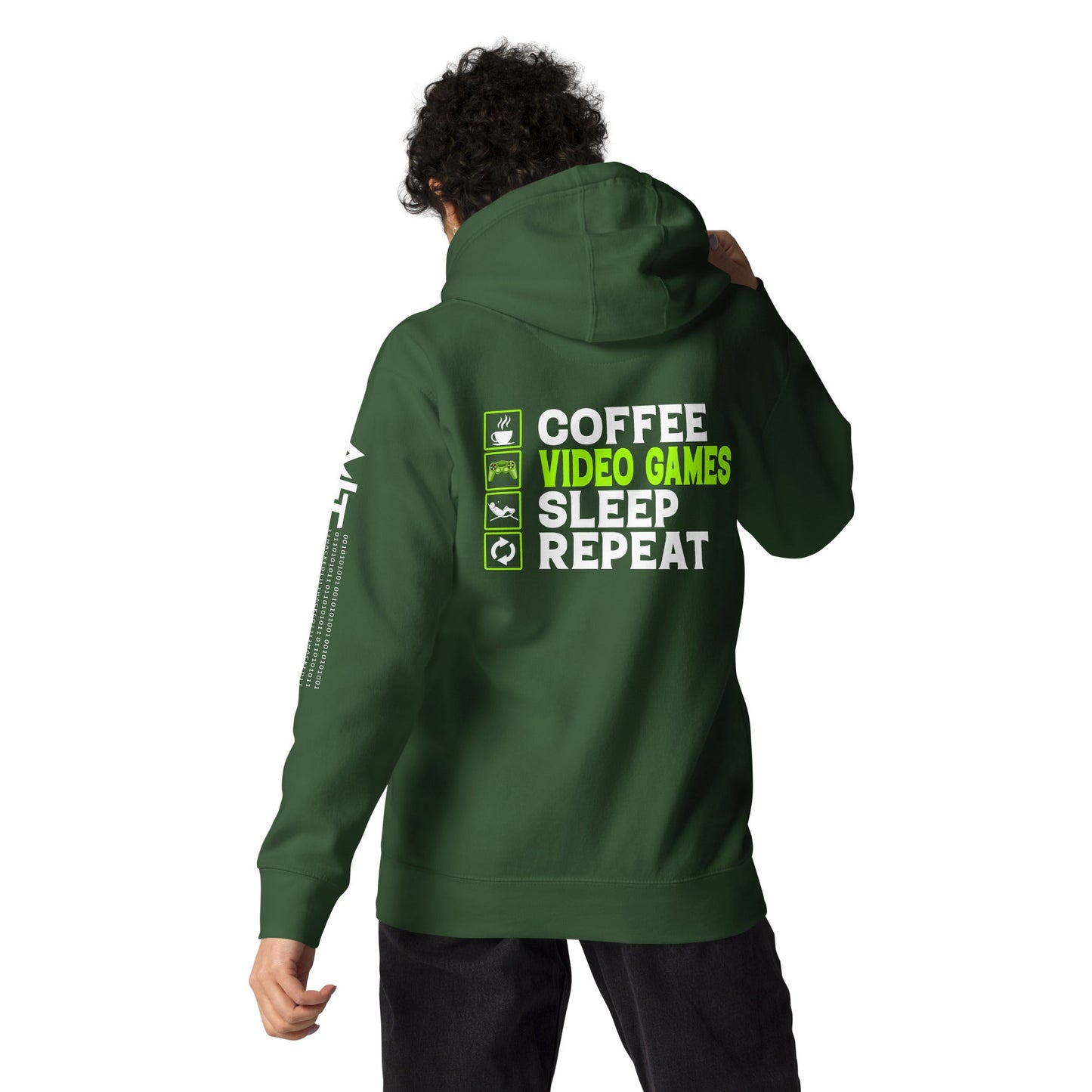 Coffee, Video Games, Sleep, Repeat Unisex Hoodie ( Back Print ) by DarkByteGear