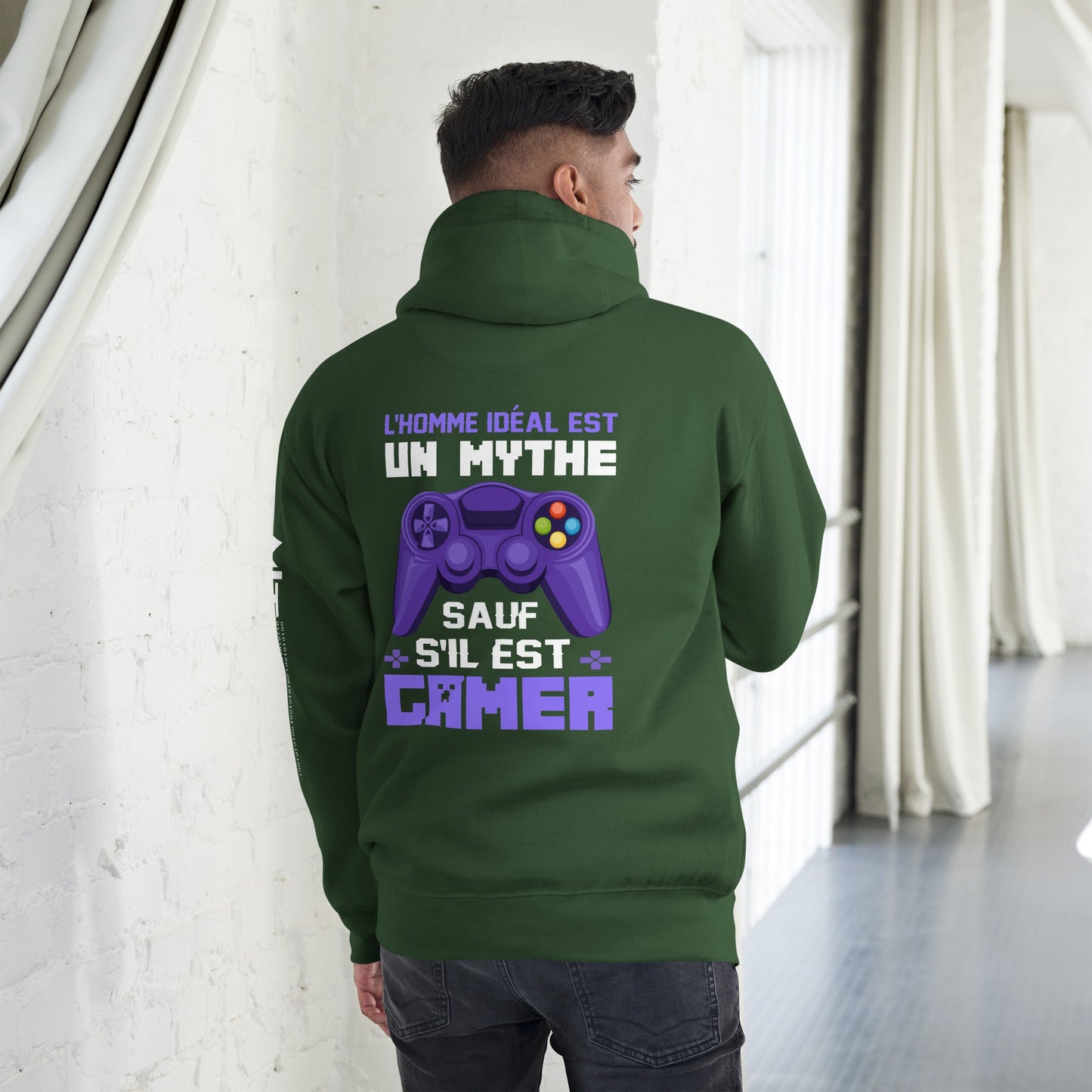 L'HOMME IDEAL EST UN MYTHE SAUF S'IL EST GAMER - Unisex Hoodie ( Back Print ) by DarkByteGear