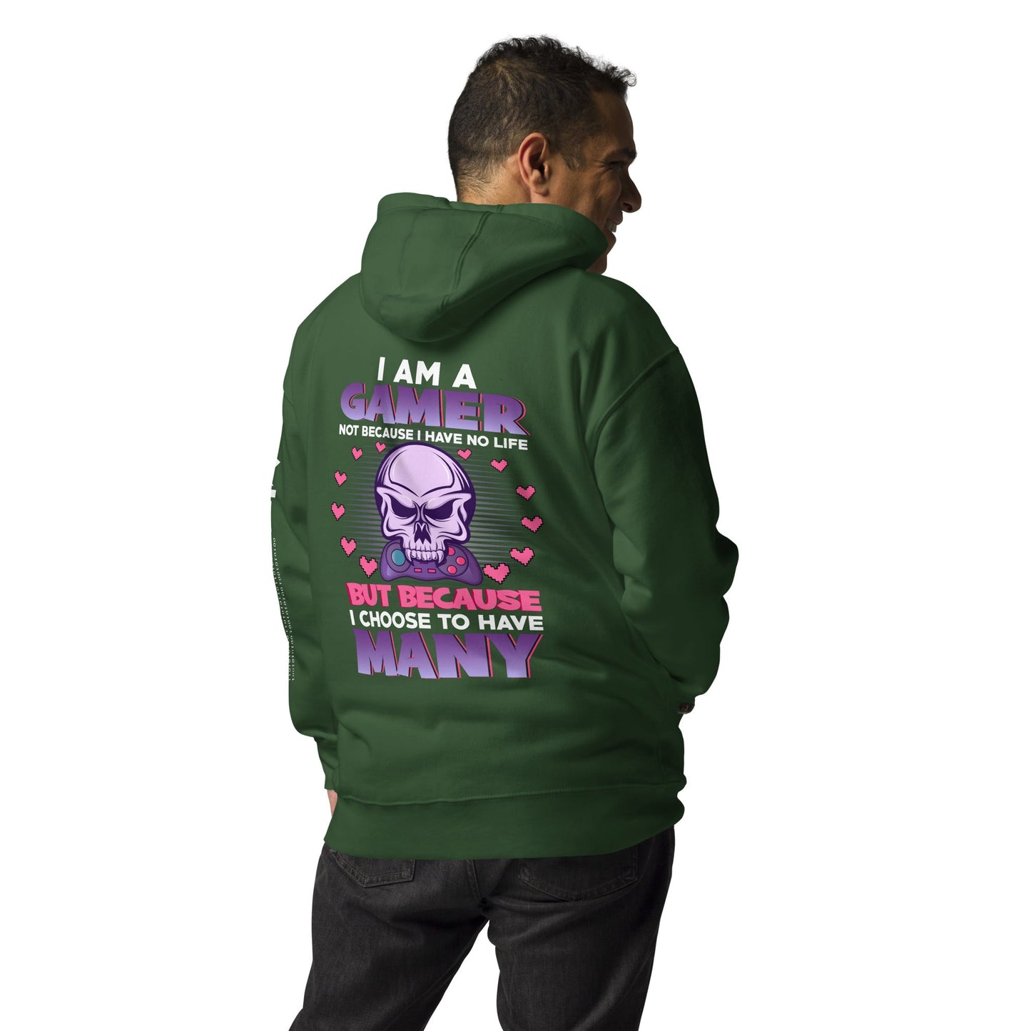 I am a Gamer not because I have no life ( Purple text ) - Unisex Hoodie ( Back Print ) by DarkByteGear