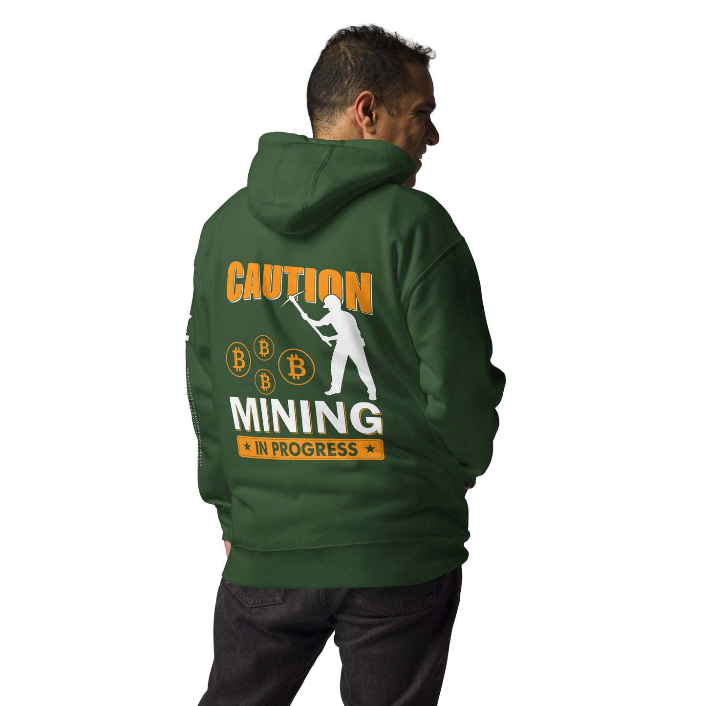 Caution Bitcoin Mining in Progress - Unisex Hoodie ( Back Print ) by DarkByteGear