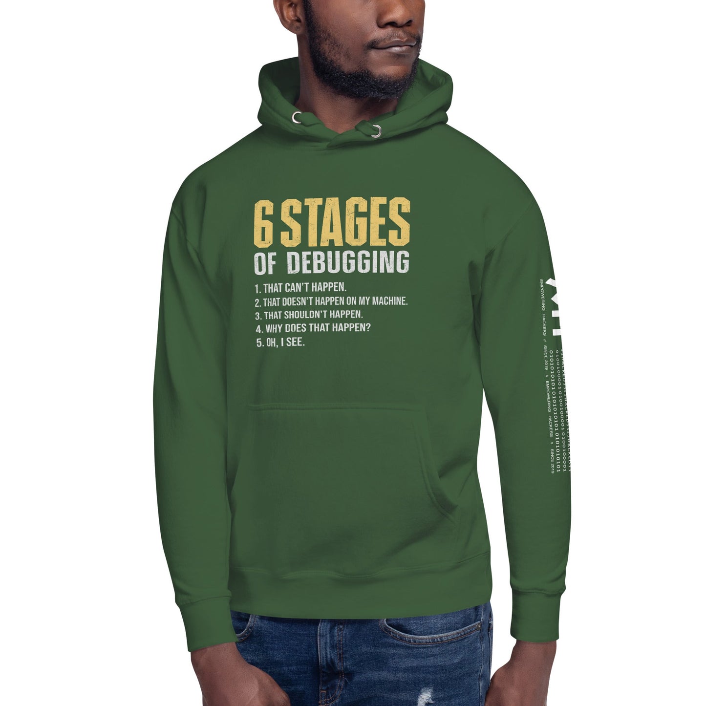 6 Stages of Debugging Yellow V Unisex Hoodie by DarkByteGear