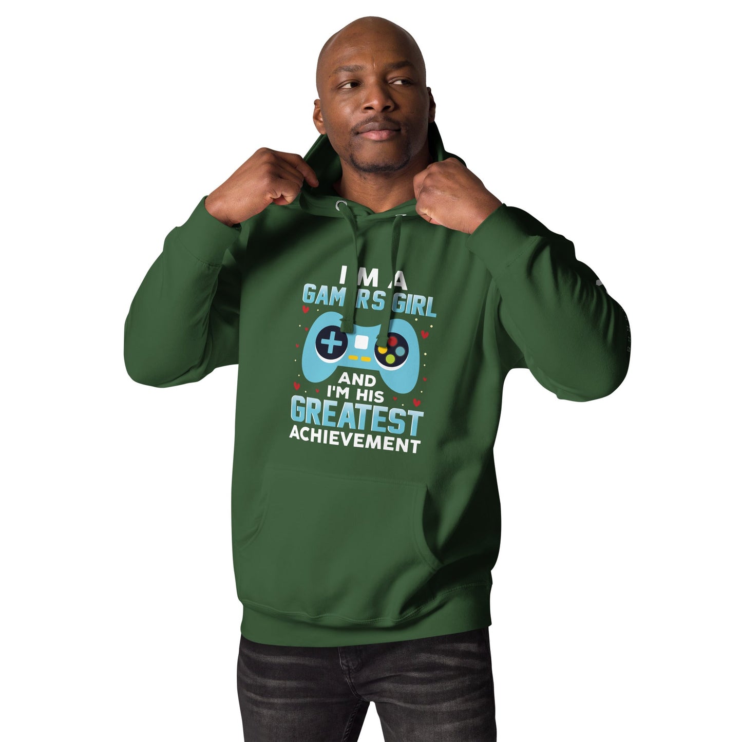 I am a Gamer's Girl, I am his Greatest Achievement (turquoise text ) - Unisex Hoodie by DarkByteGear