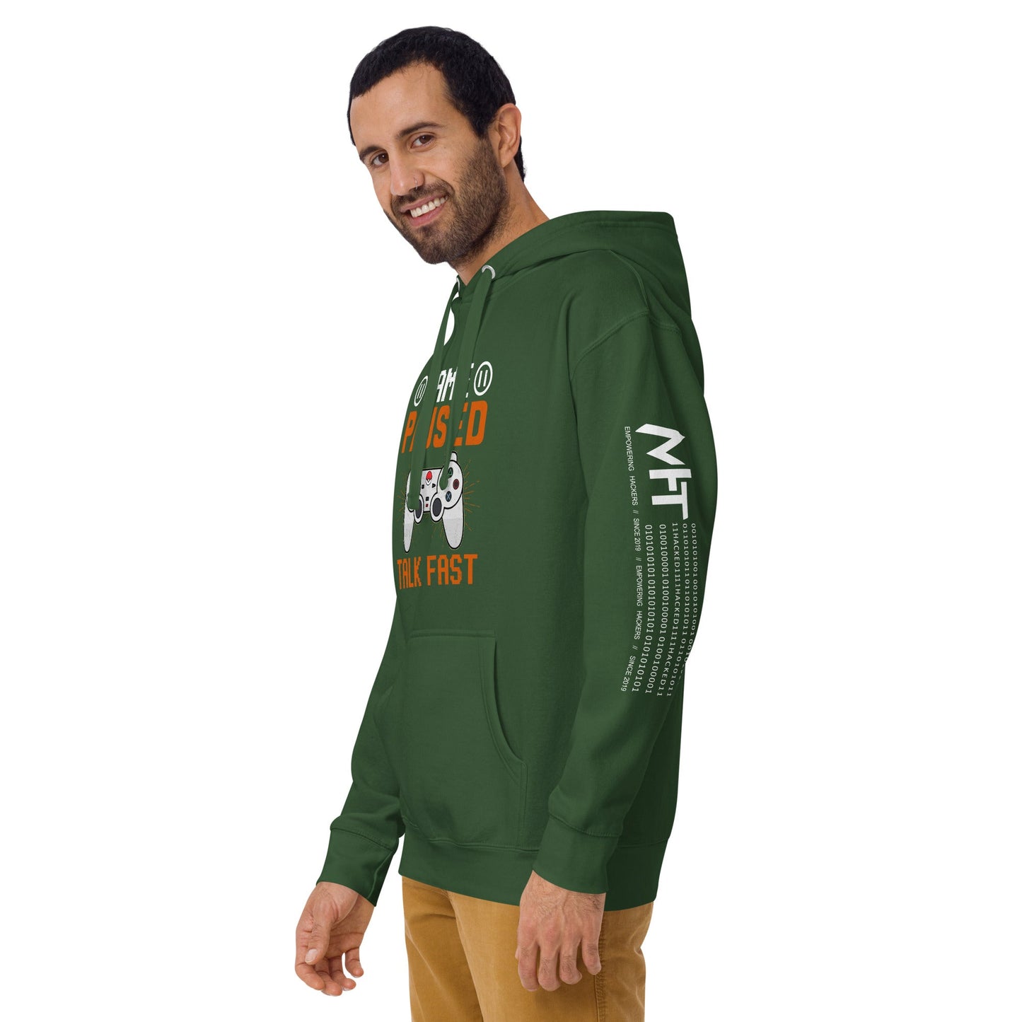 Game Paused, Talk Fast Unisex Hoodie by DarkByteGear