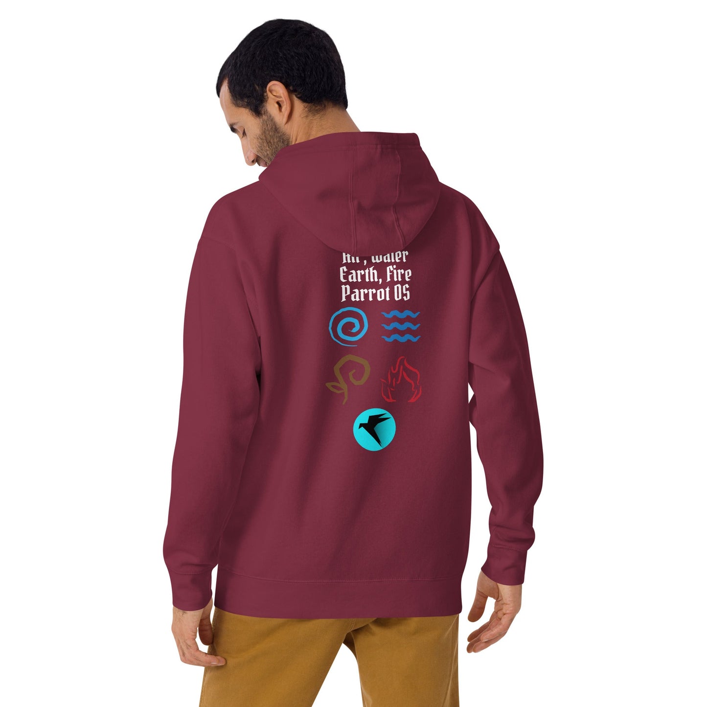 Air, Water, Earth, Fire, Parrot OS - Unisex Hoodie (back print) by DarkByteGear