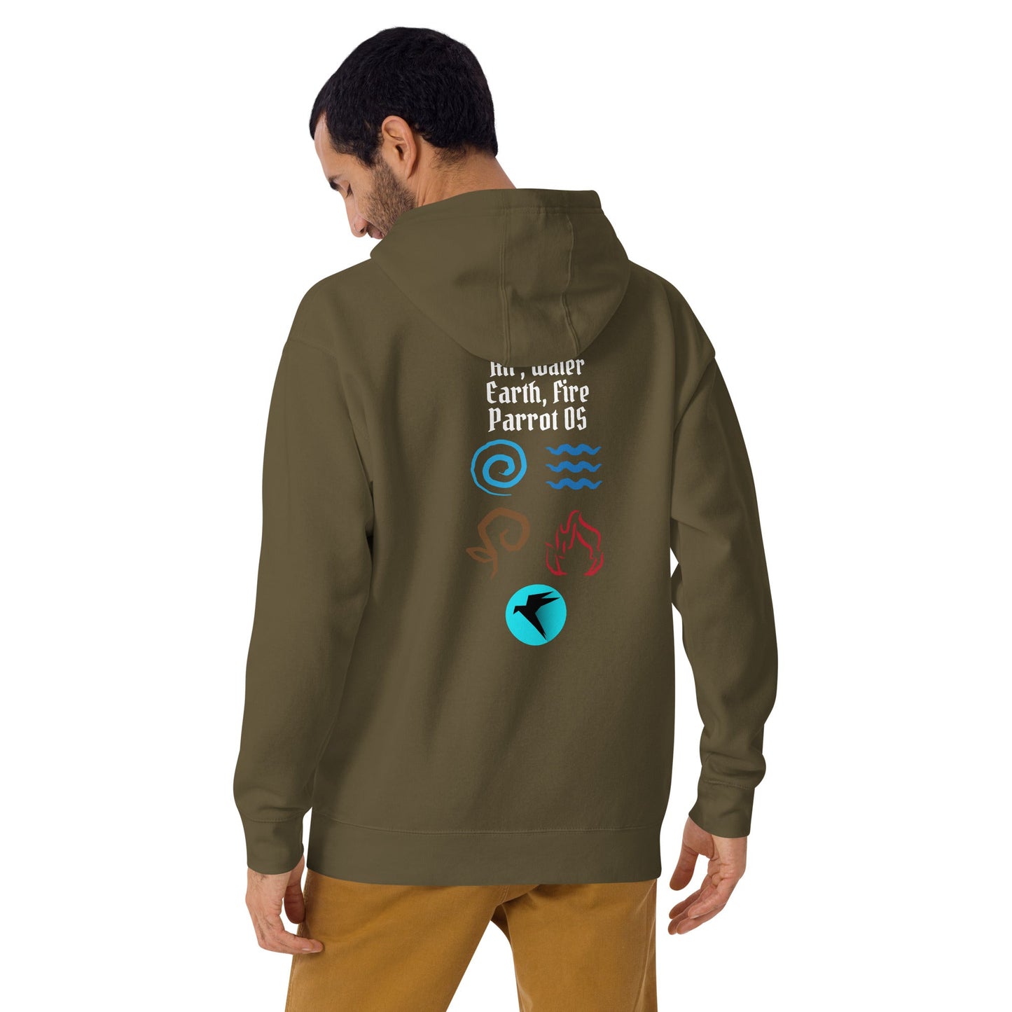 Air, Water, Earth, Fire, Parrot OS - Unisex Hoodie (back print) by DarkByteGear