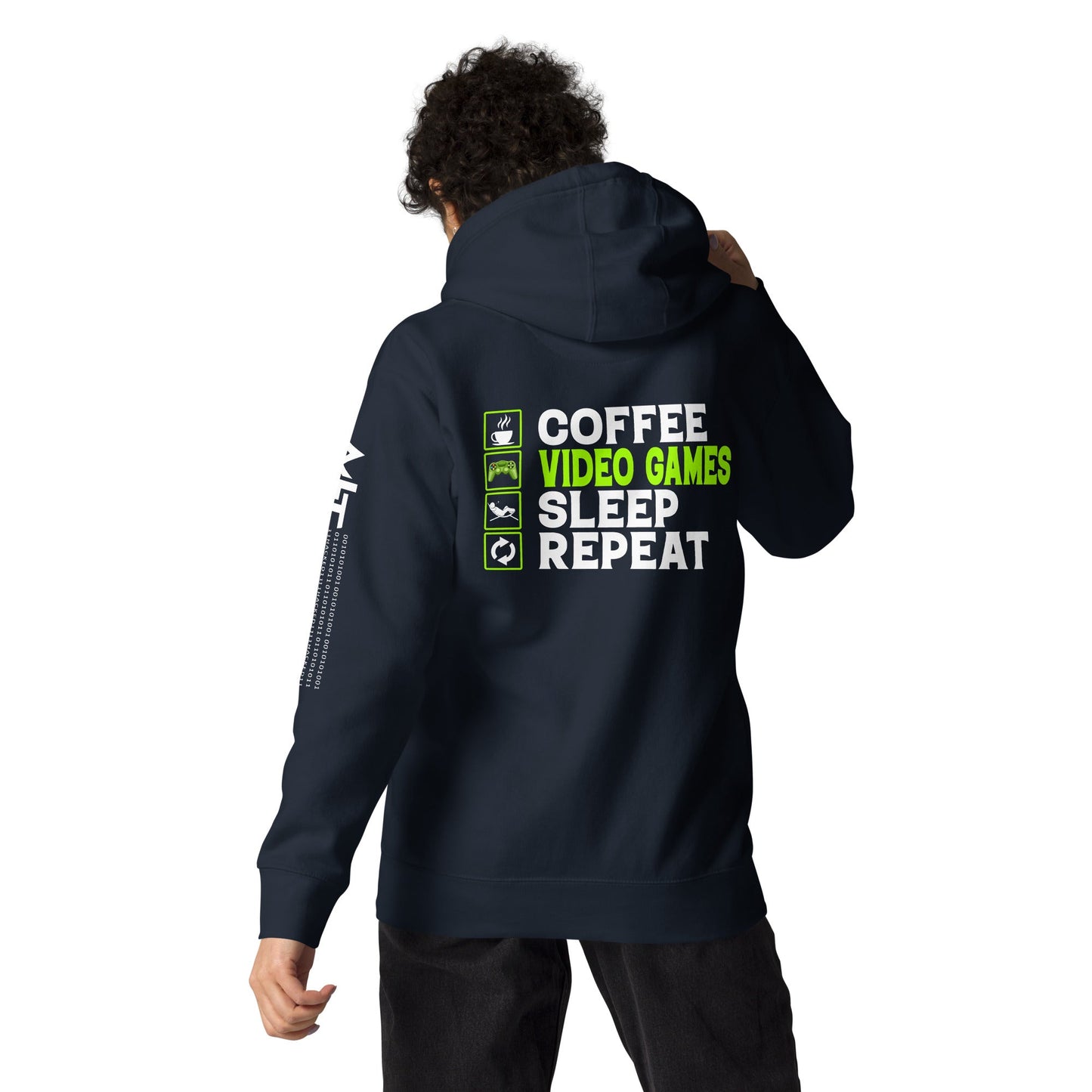 Coffee, Video Games, Sleep, Repeat Unisex Hoodie ( Back Print ) by DarkByteGear