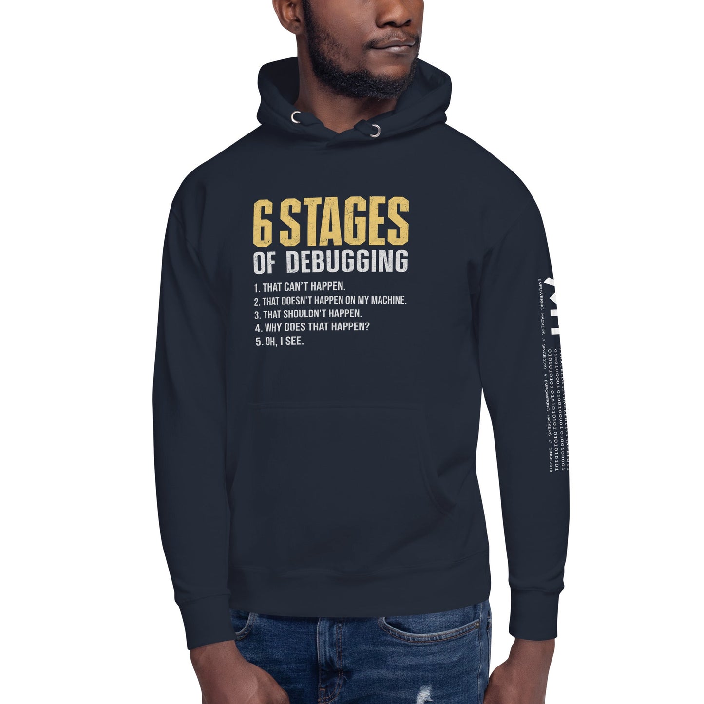 6 Stages of Debugging Yellow V Unisex Hoodie by DarkByteGear