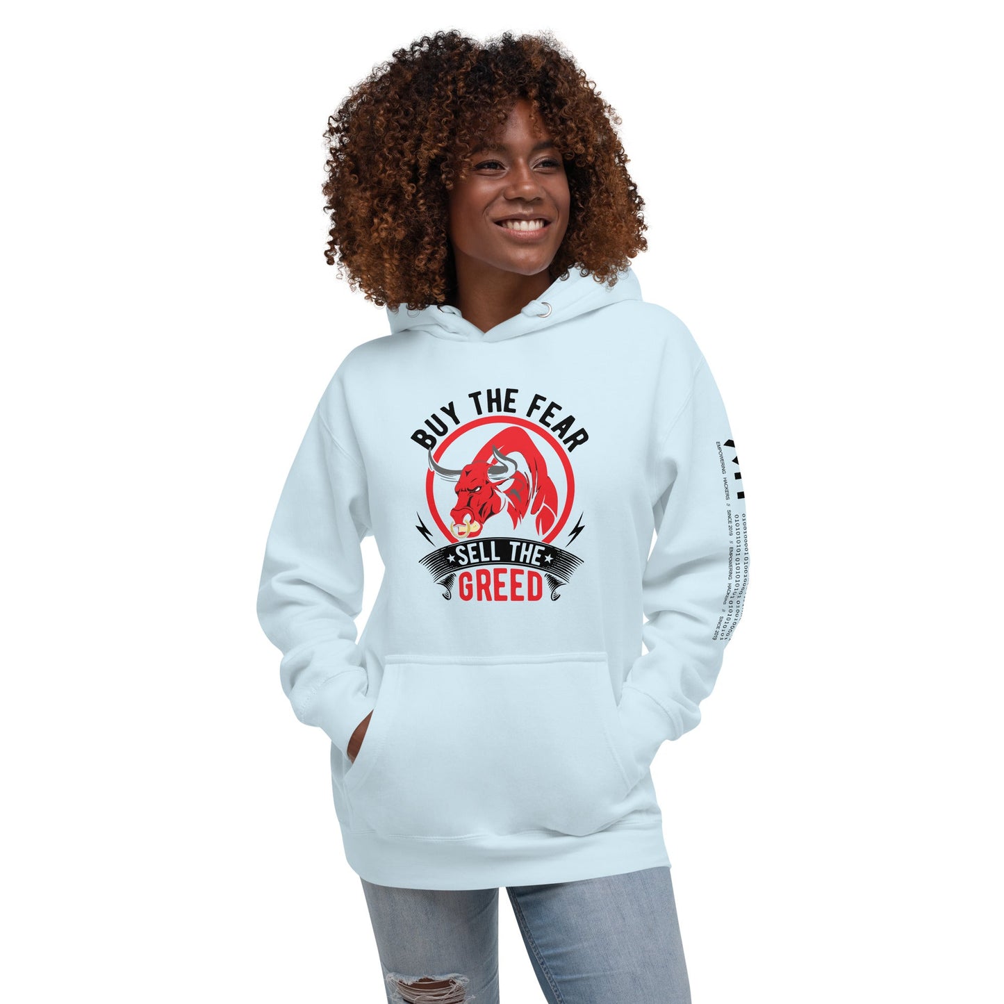 Buy the Fear; Sell the Greed in Dark Text - Unisex Hoodie by DarkByteGear