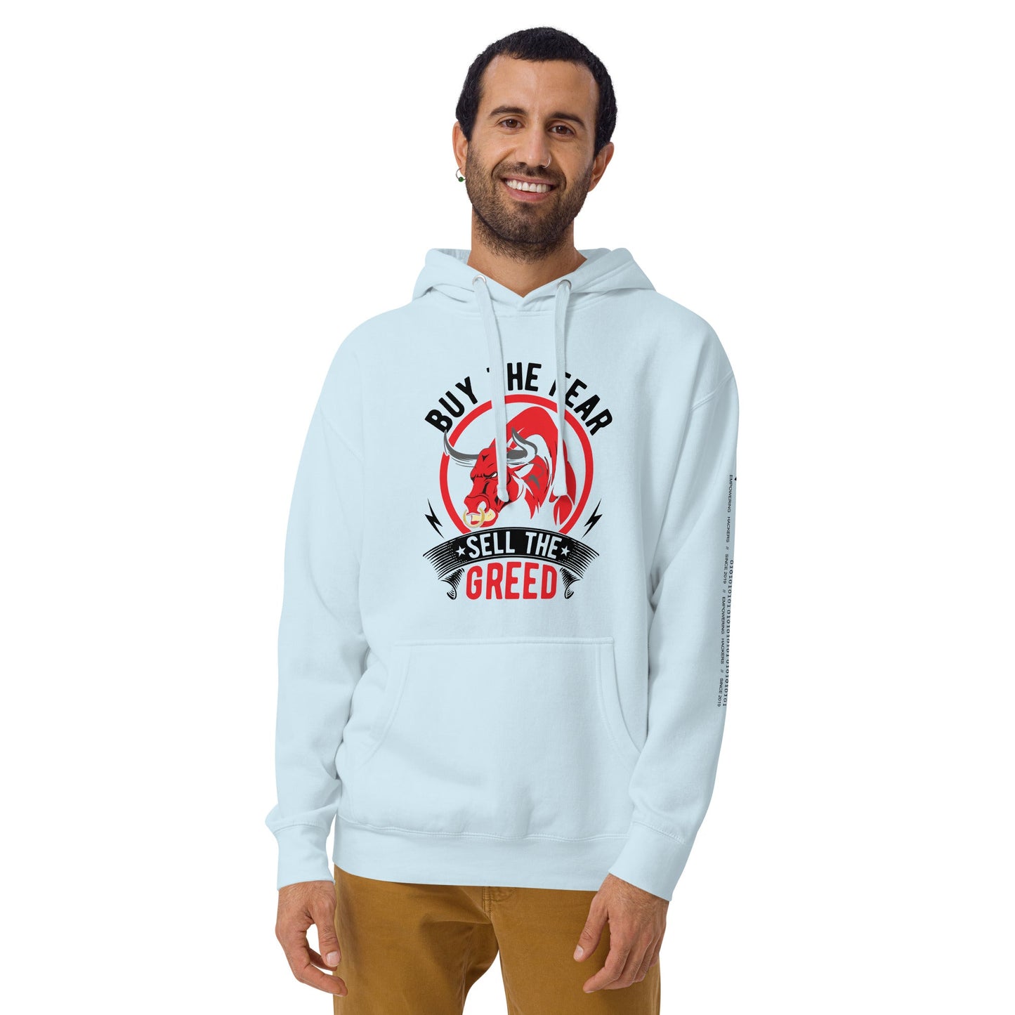 Buy the Fear; Sell the Greed in Dark Text - Unisex Hoodie by DarkByteGear