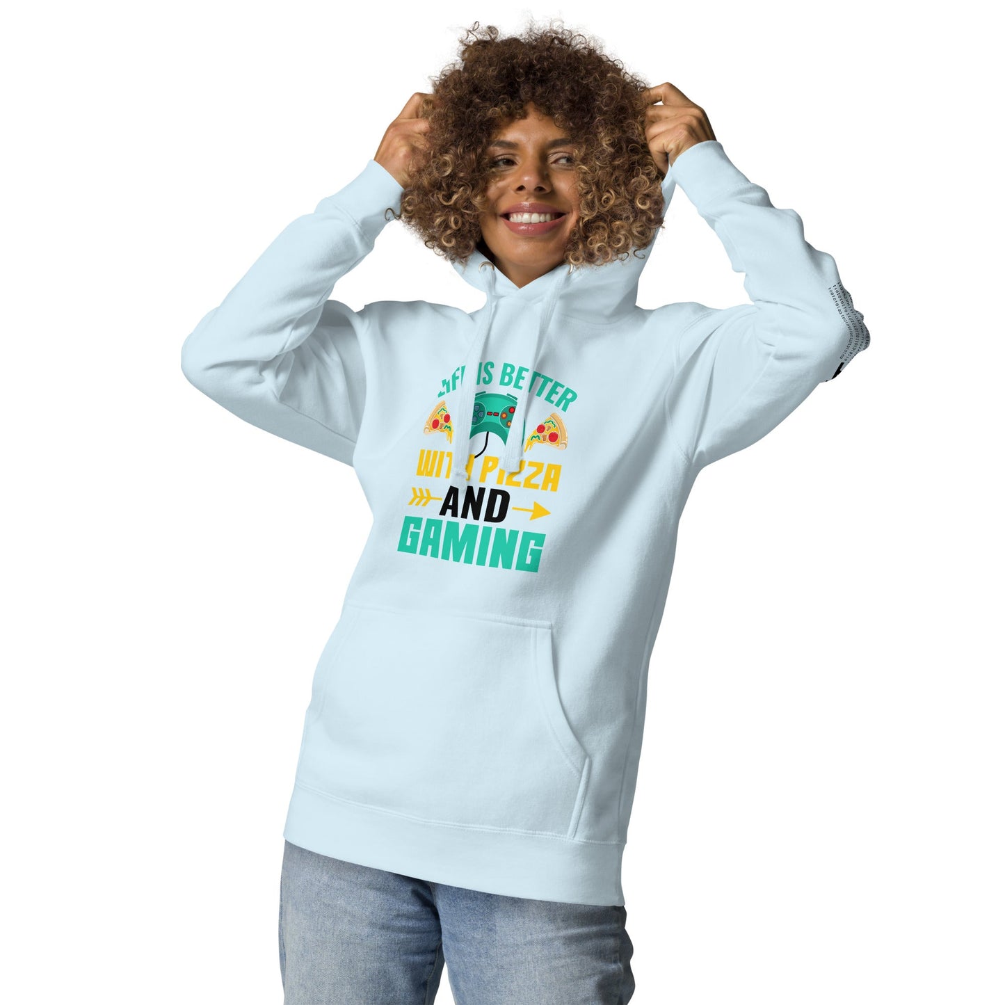 Life is Better With Pizza and Gaming Rima 14 in Dark Text - Unisex Hoodie by DarkByteGear