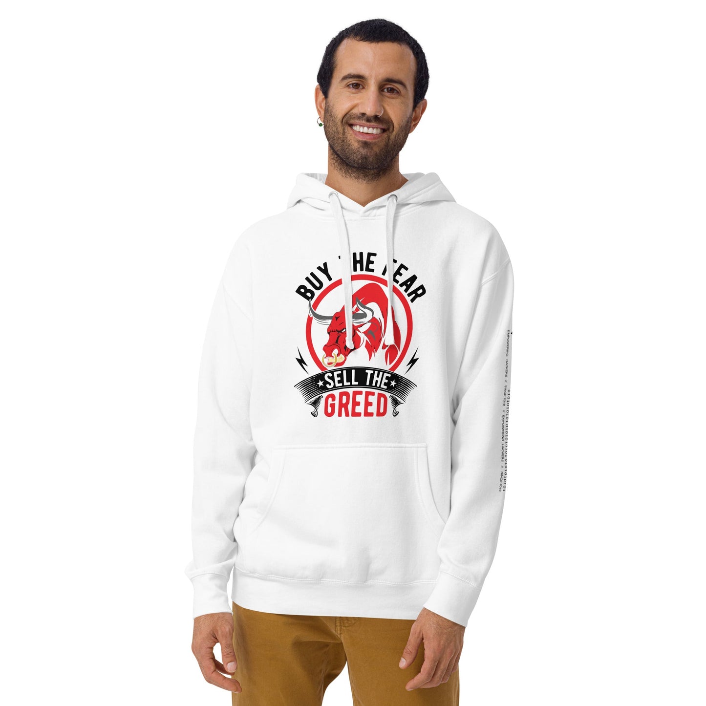 Buy the Fear; Sell the Greed in Dark Text - Unisex Hoodie by DarkByteGear