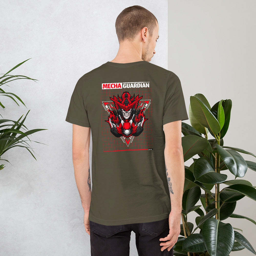 Red Mecha Guardian - Short-Sleeve Unisex T-Shirt (back print) by DarkByteGear