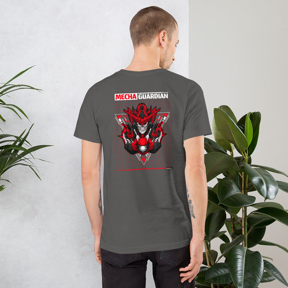 Red Mecha Guardian - Short-Sleeve Unisex T-Shirt (back print) by DarkByteGear