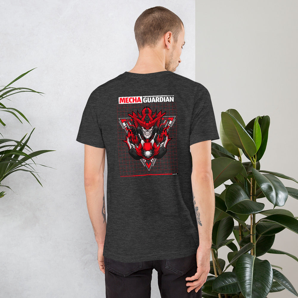 Red Mecha Guardian - Short-Sleeve Unisex T-Shirt (back print) by DarkByteGear