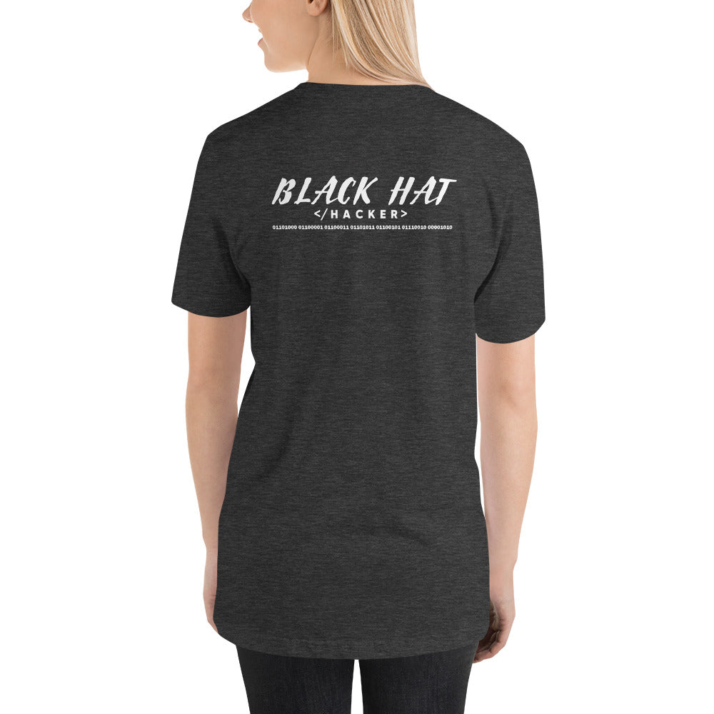 Black Hat Hacker V2 - Short-Sleeve Unisex T-Shirt (back print) by DarkByteGear
