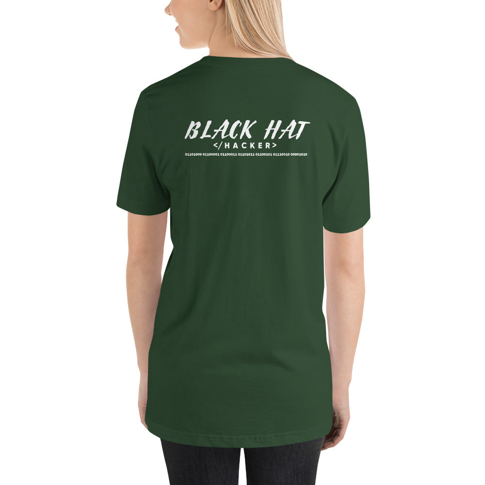Black Hat Hacker V2 - Short-Sleeve Unisex T-Shirt (back print) by DarkByteGear