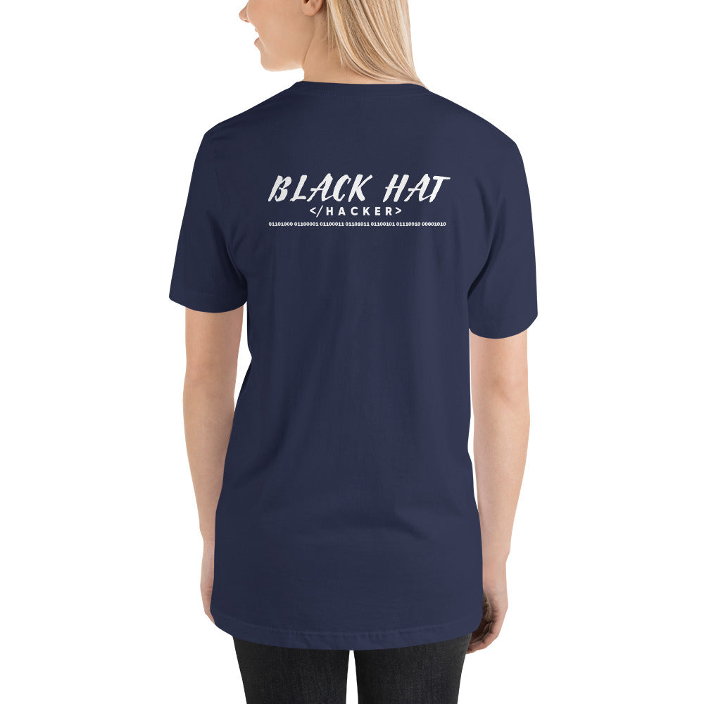 Black Hat Hacker V2 - Short-Sleeve Unisex T-Shirt (back print) by DarkByteGear