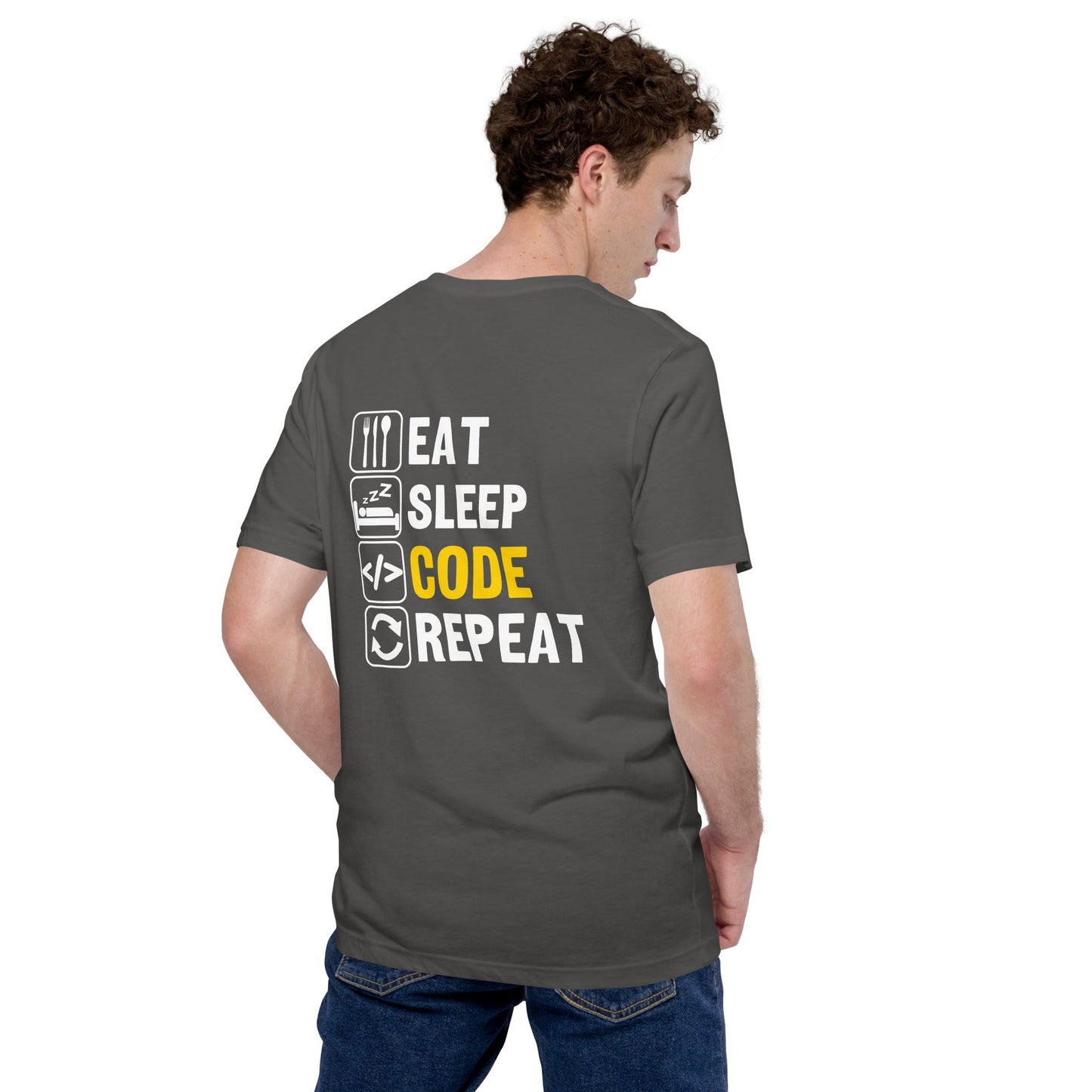 Eat Sleep Code Repeat ( Yellow Text ) - Unisex t-shirt (back print) by DarkByteGear