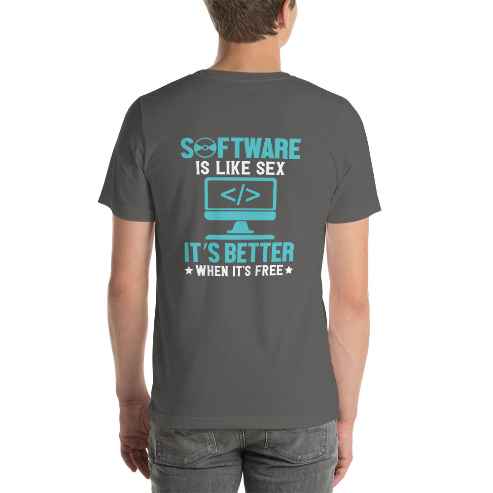 Software is like Sex - Blue Unisex t-shirt ( Back Print ) by DarkByteGear