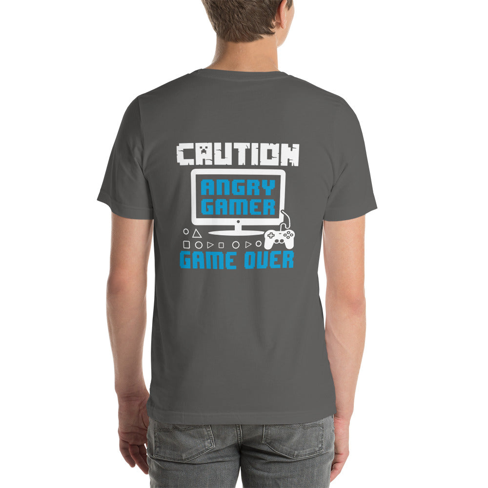 Caution! Angry Gamer Unisex t-shirt ( Back Print ) by DarkByteGear