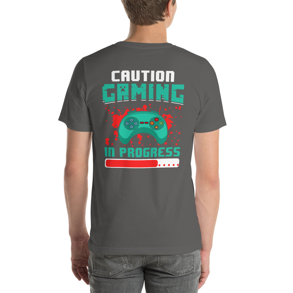Caution! Gaming In Process Unisex t-shirt ( Back Print ) by DarkByteGear
