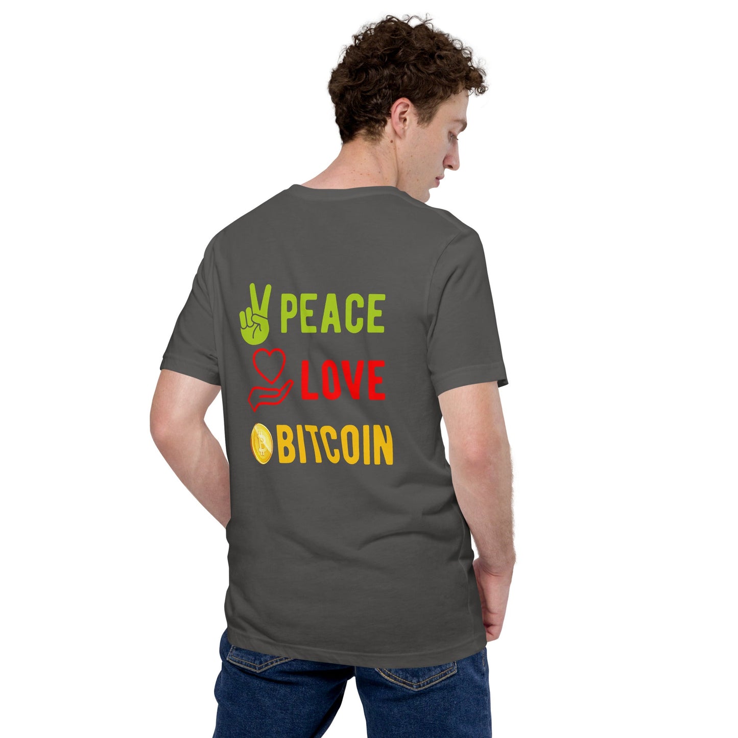 Peace Love Bitcoin Unisex t-shirt by DarkByteGear
