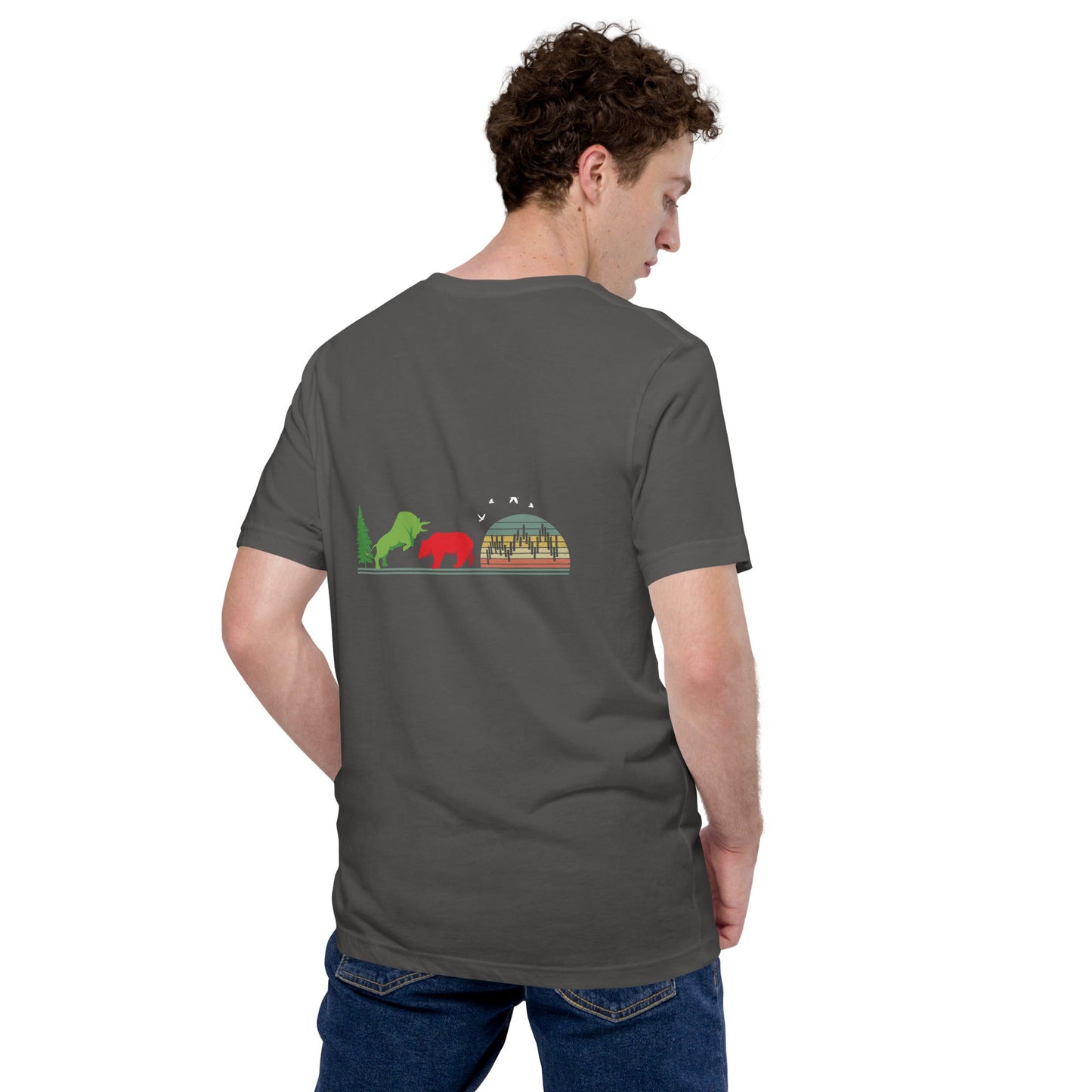 Pine tree Green Bull Read Bear Trading - Unisex t-shirt ( Back Print ) by DarkByteGear