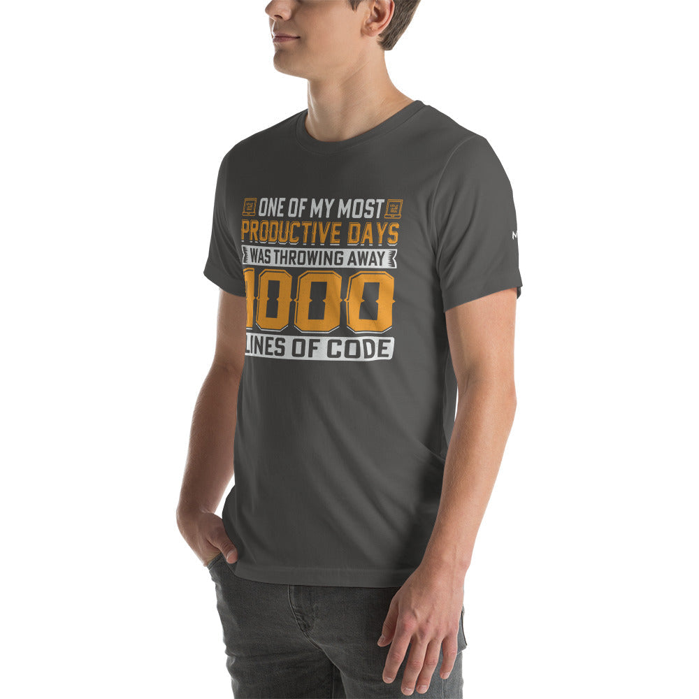 One of My Most Productive Days was throwing away 1000 lines of Code Unisex t-shirt by DarkByteGear