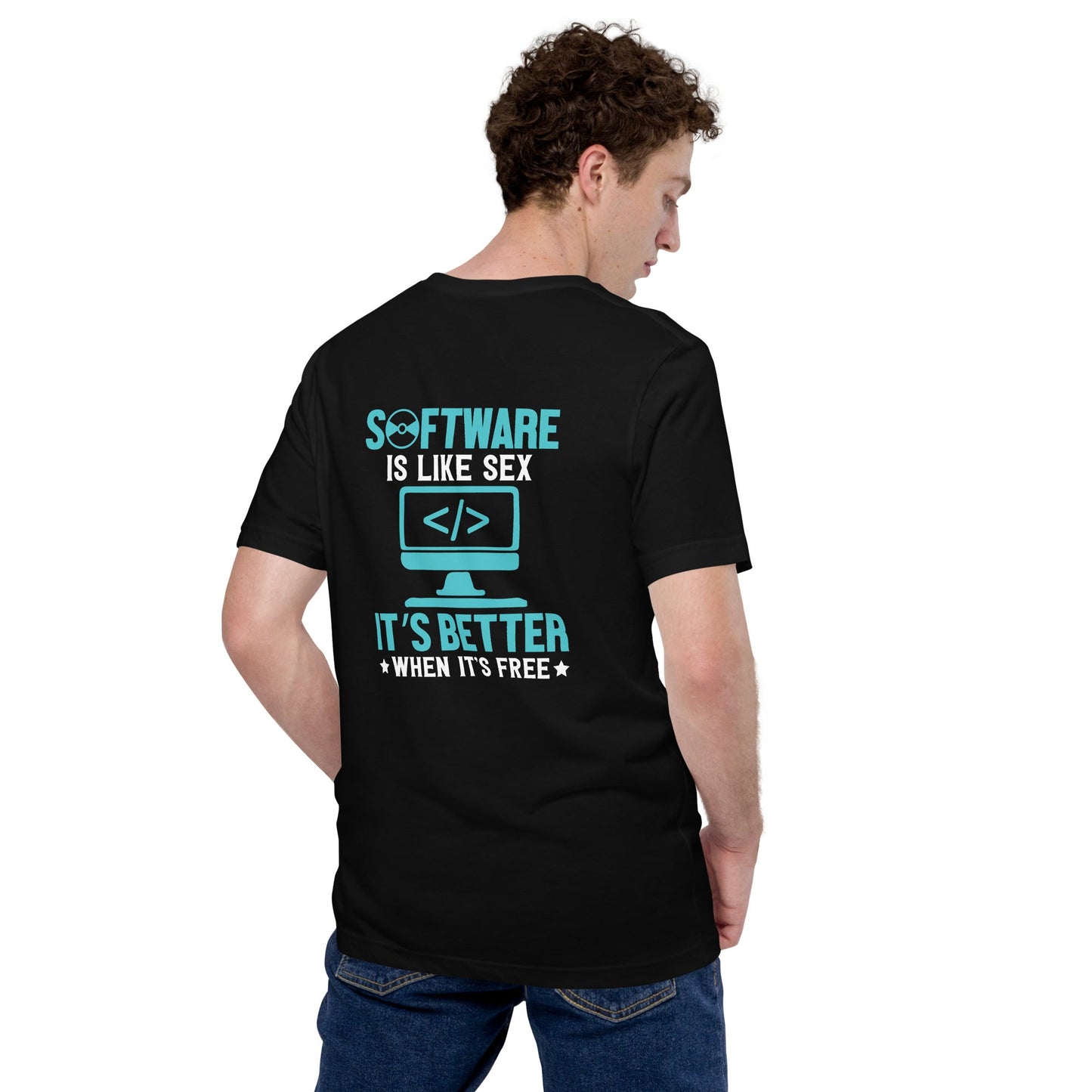 Software is like Sex - Blue Unisex t-shirt ( Back Print ) by DarkByteGear