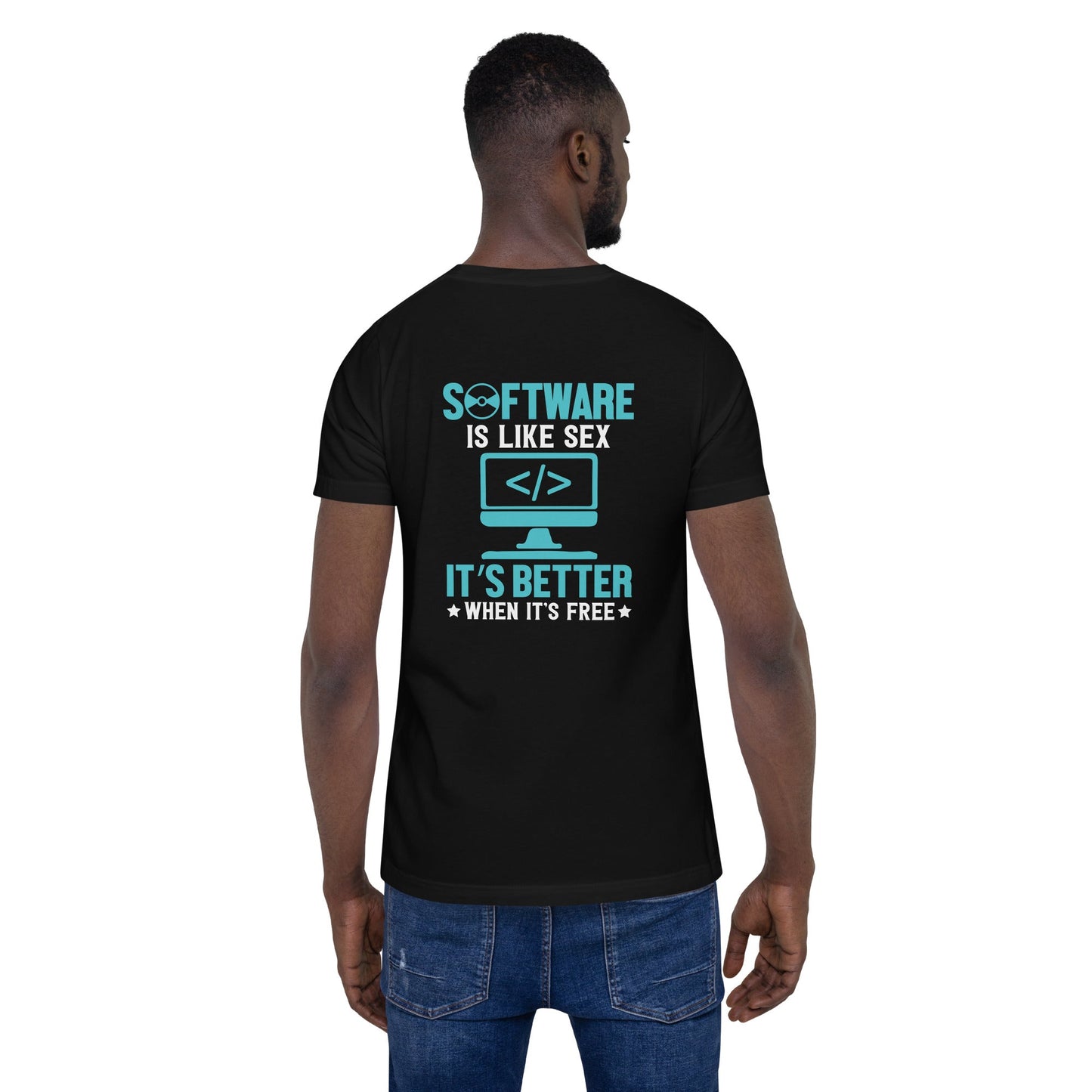 Software is like Sex - Blue Unisex t-shirt ( Back Print ) by DarkByteGear