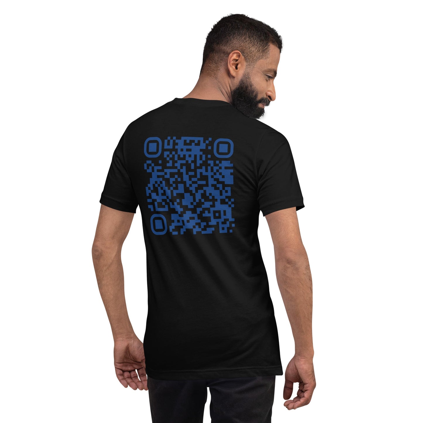 Who's the New Kid, Hacker, Developer, Gamer, Crypto King V1 (Blue) - Unisex t-shirt Personalized QR Code by DarkByteGear