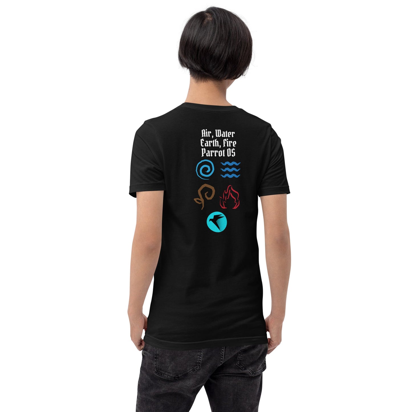 Air, Water, Earth, Fire, Parrot OS - Unisex t-shirt ( Back Print ) by DarkByteGear