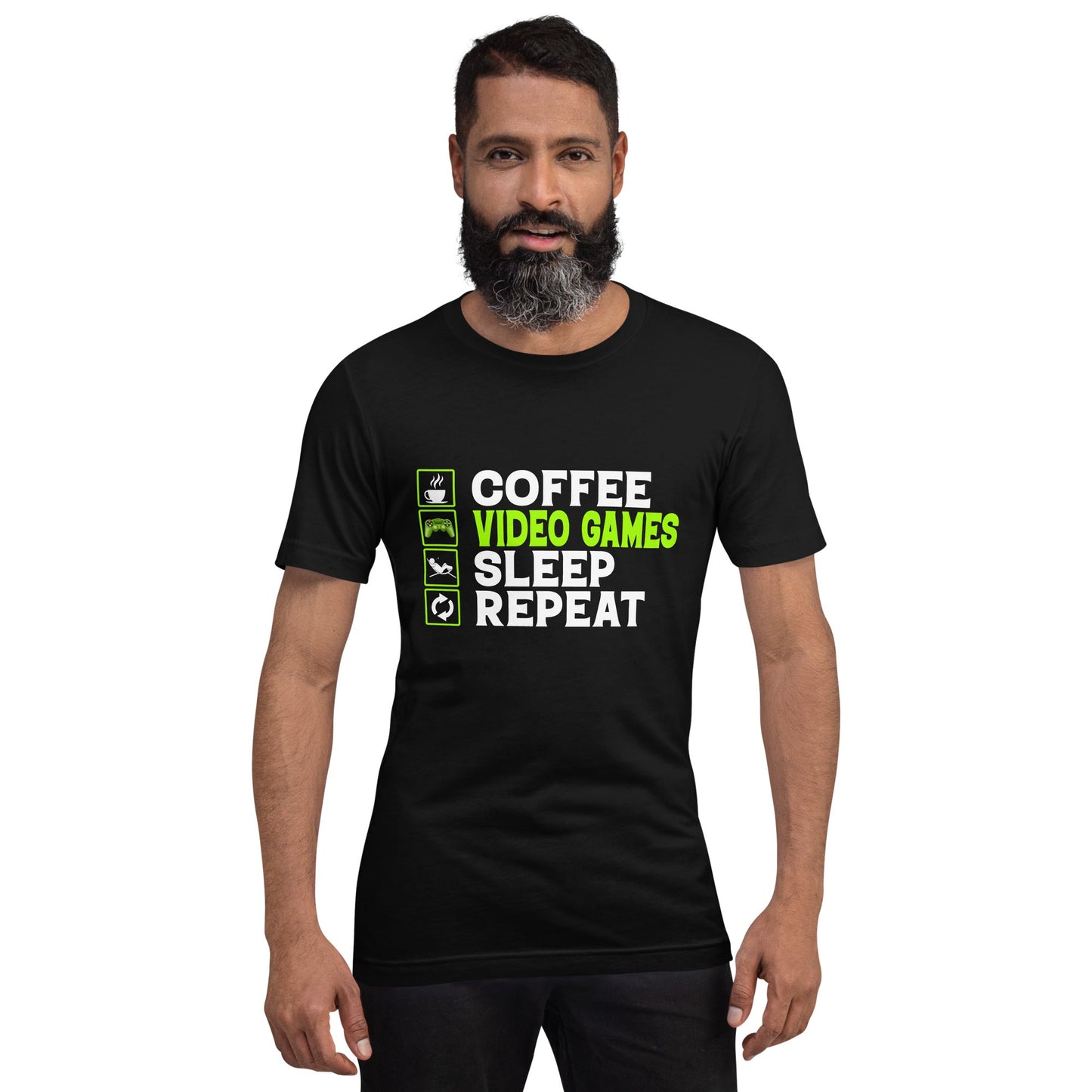 Coffee, Video Games, Sleep, Repeat Unisex t-shirt by DarkByteGear