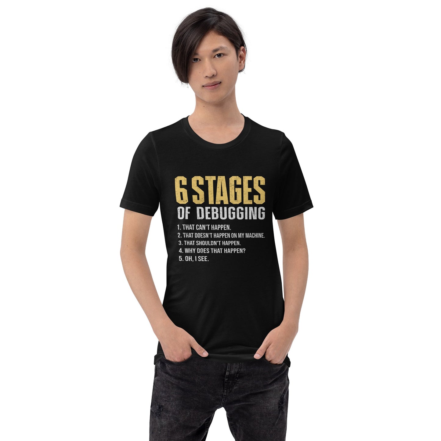 6 Stages of Debugging Yellow V Unisex t-shirt by DarkByteGear