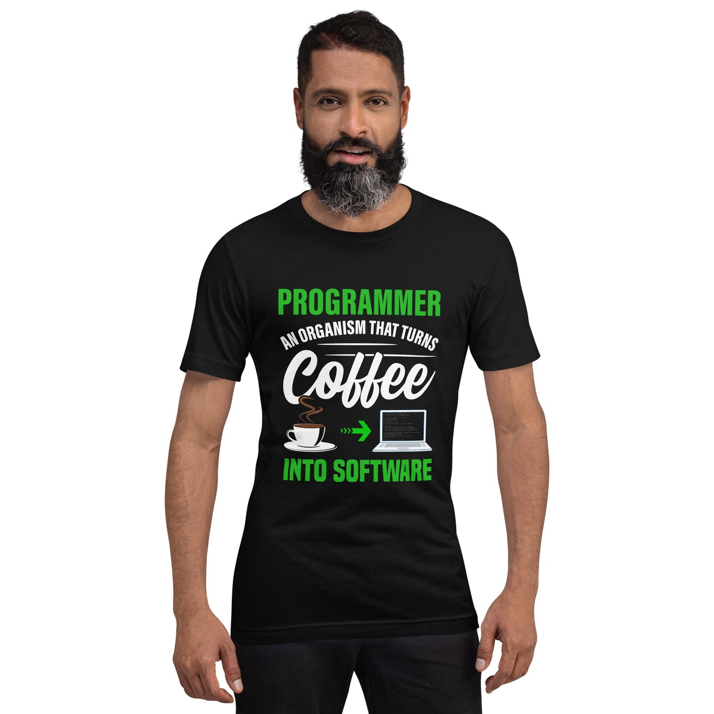 Programmer is an Organism that turns Coffee into Code ( Green Text ) - Unisex t-shirt by DarkByteGear