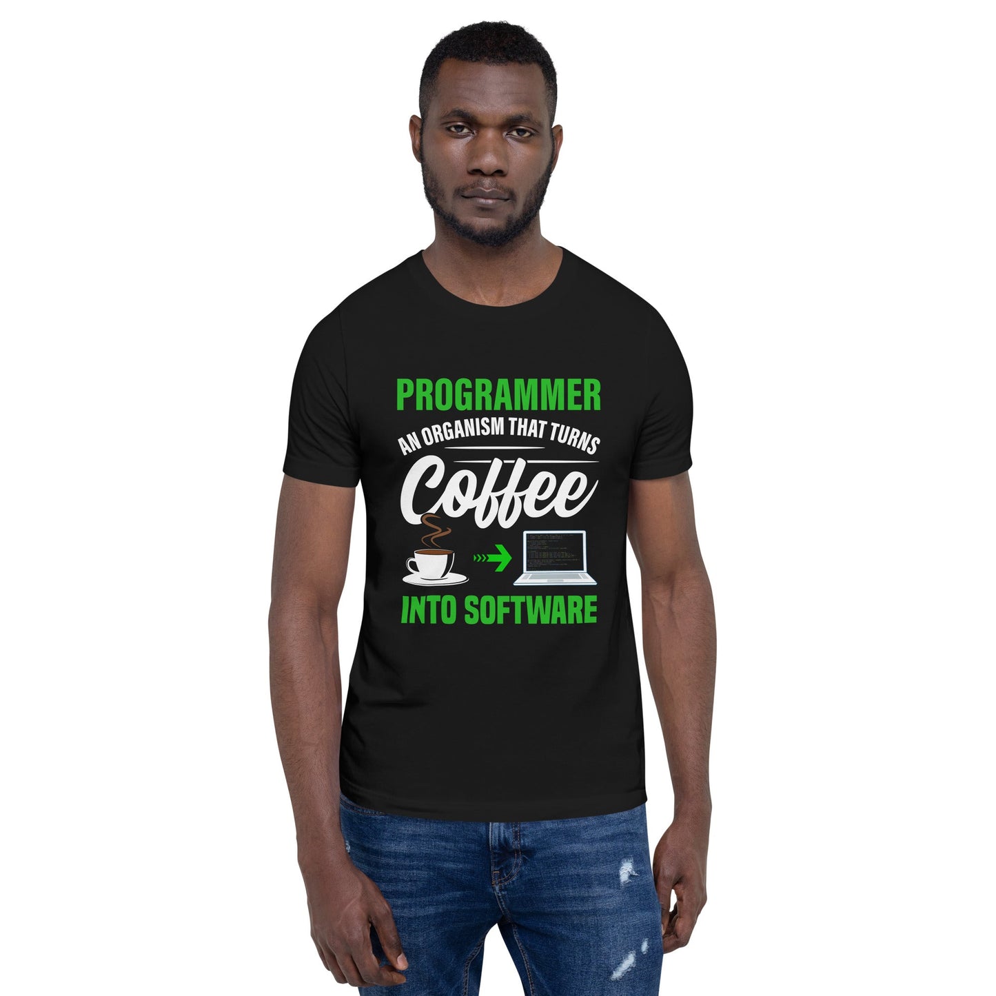 Programmer is an Organism that turns Coffee into Code ( Green Text ) - Unisex t-shirt by DarkByteGear