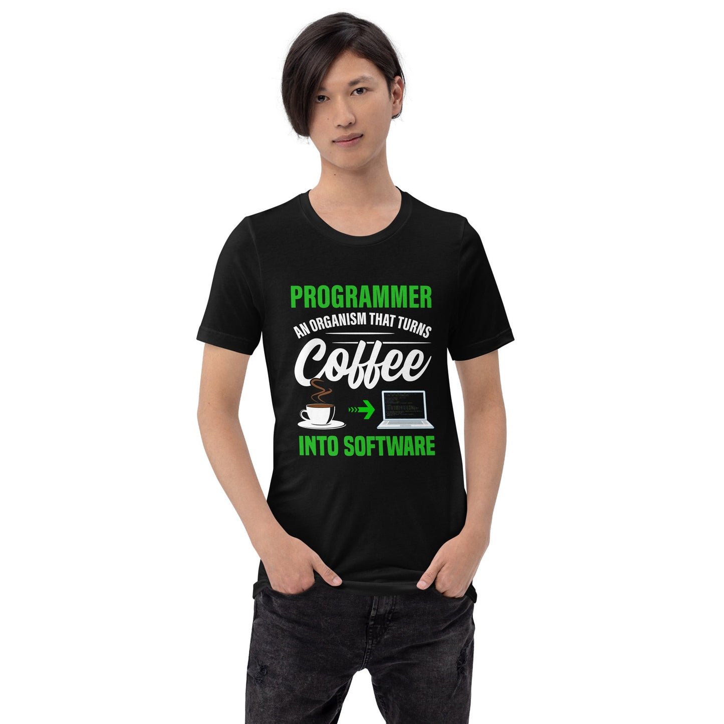 Programmer is an Organism that turns Coffee into Code ( Green Text ) - Unisex t-shirt by DarkByteGear