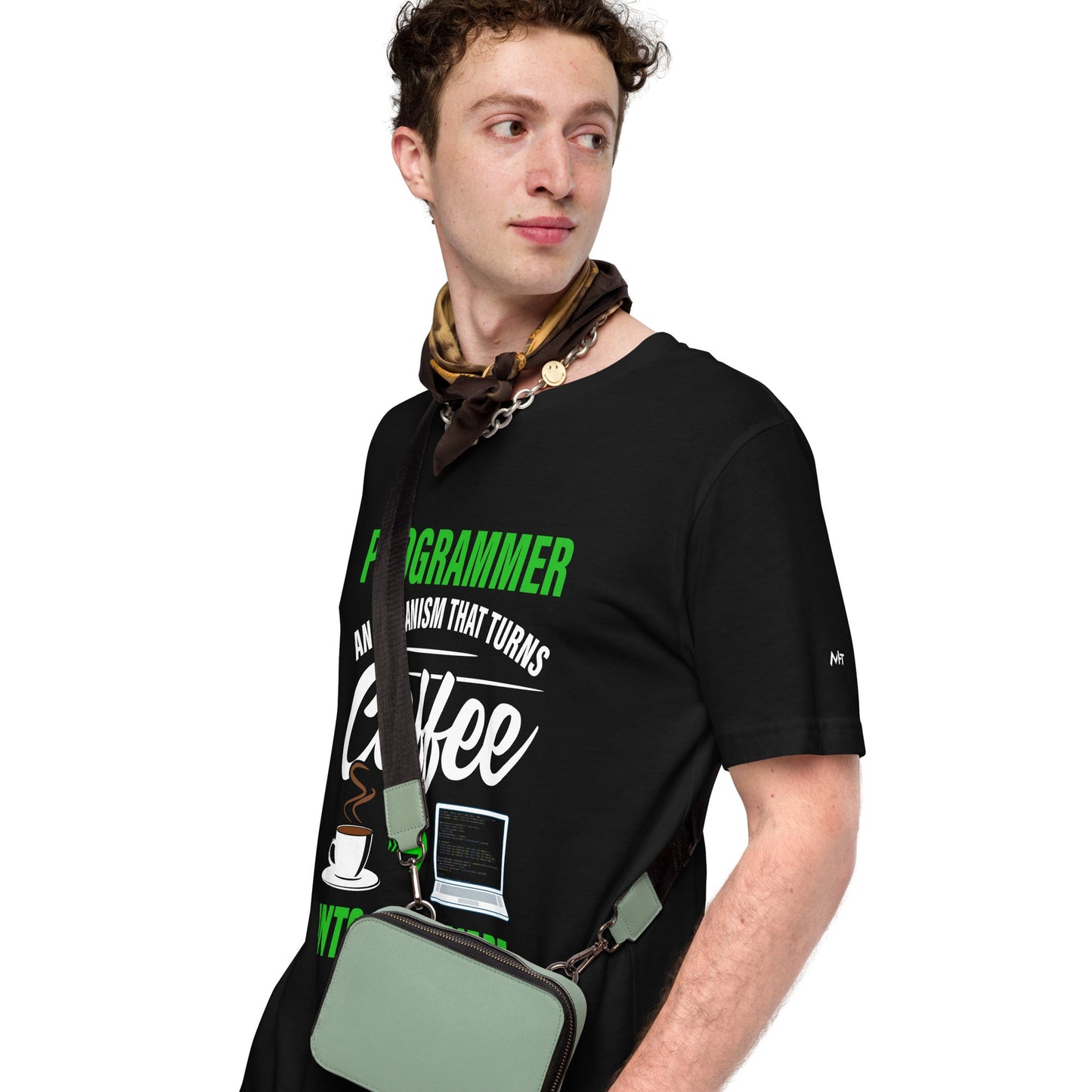 Programmer is an Organism that turns Coffee into Code ( Green Text ) - Unisex t-shirt by DarkByteGear
