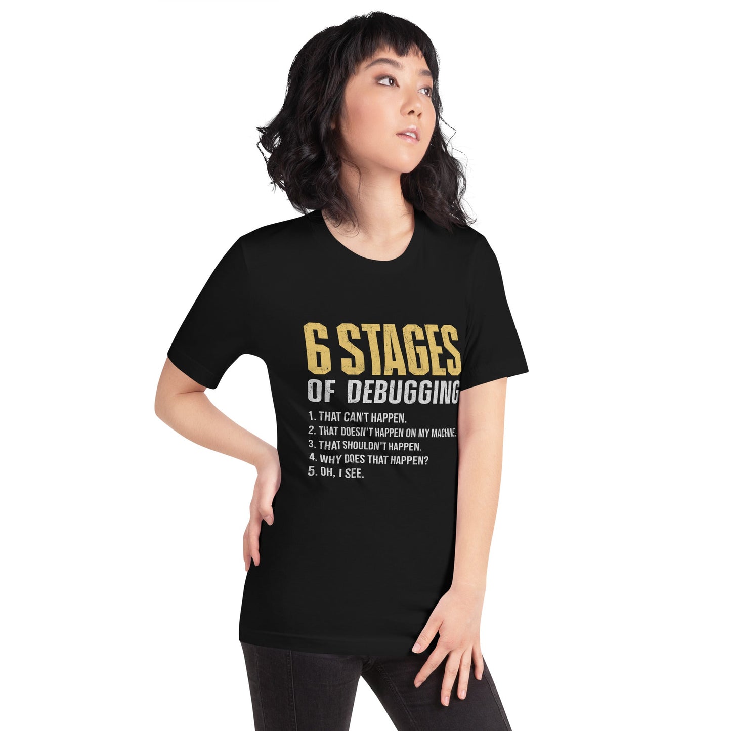 6 Stages of Debugging Yellow V Unisex t-shirt by DarkByteGear