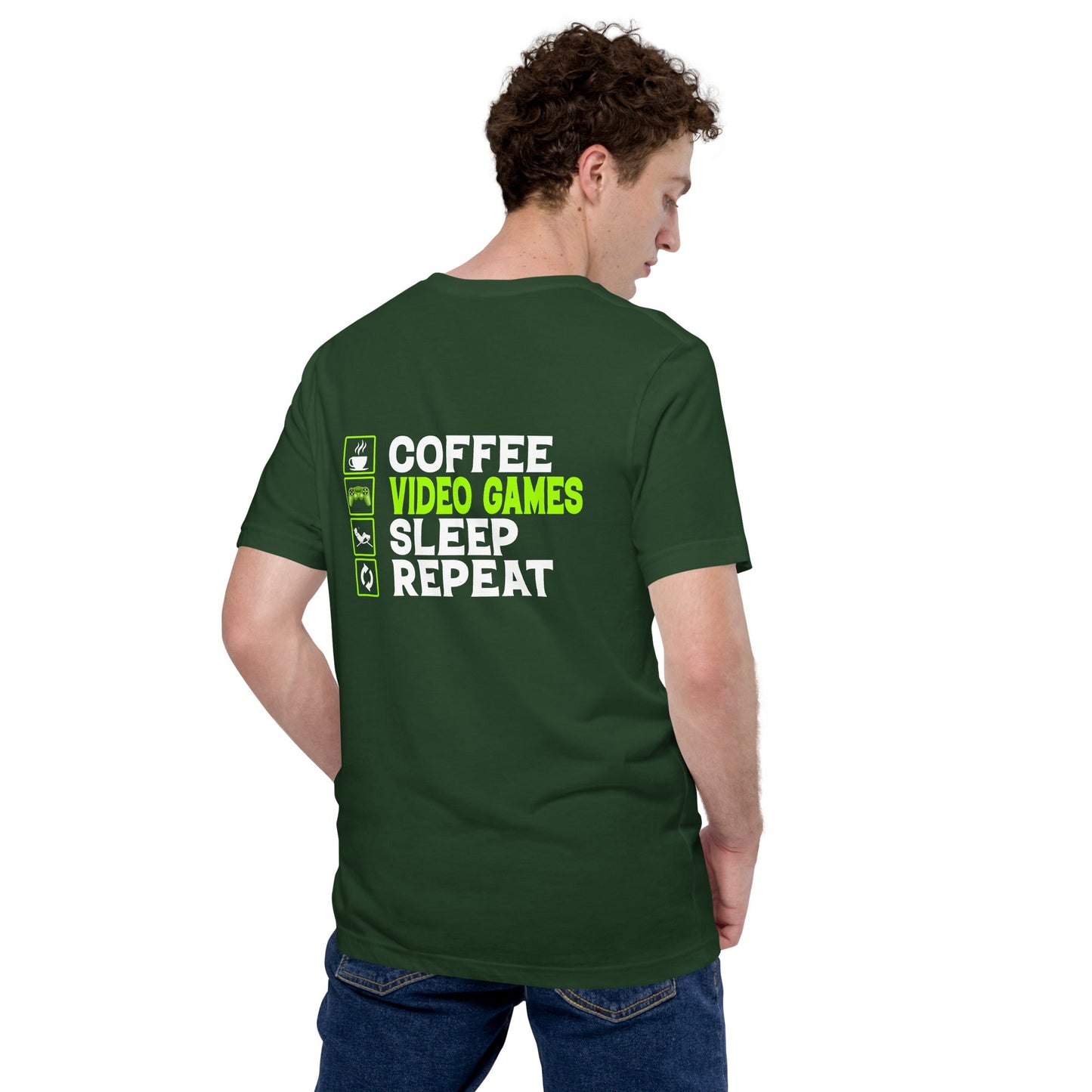 Coffee, Video Games, Sleep, Repeat Unisex t-shirt ( Back Print ) by DarkByteGear
